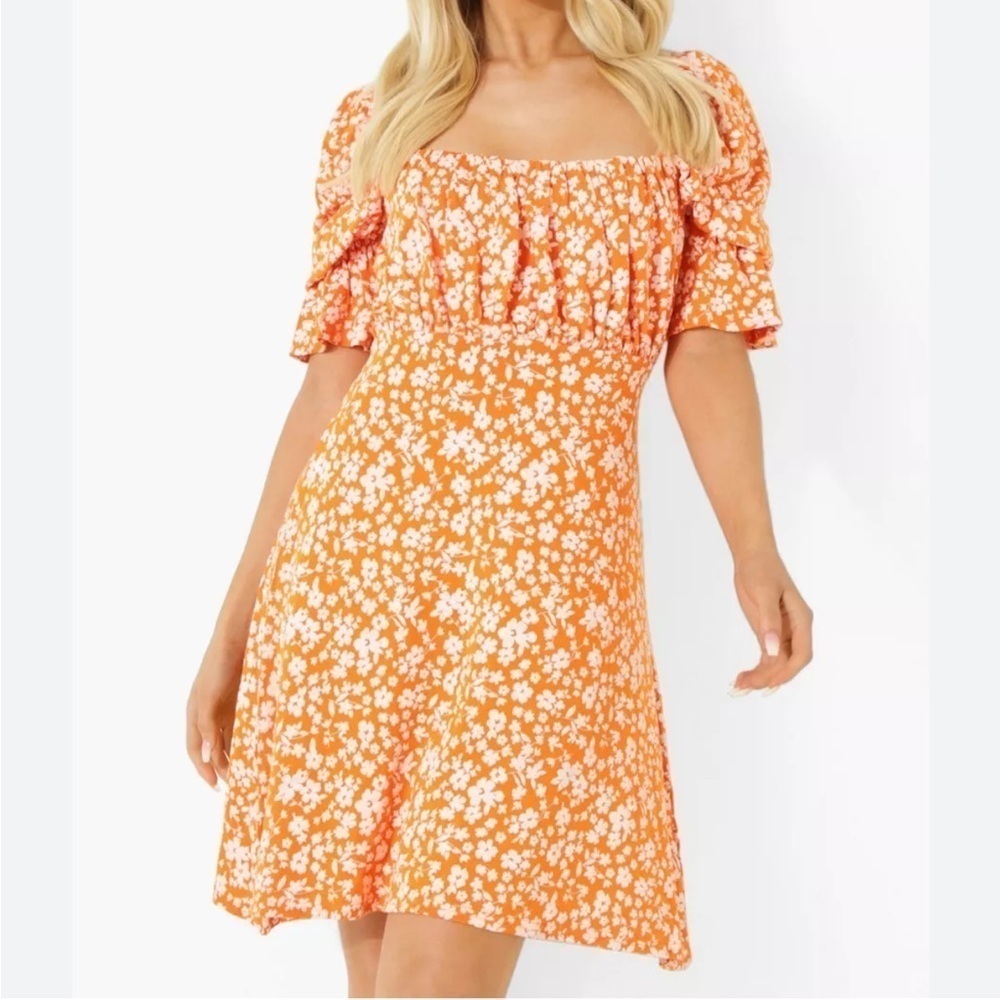 Faithful the Brand Laura milkmaid square neck dress Sz 4 daisies orange white
